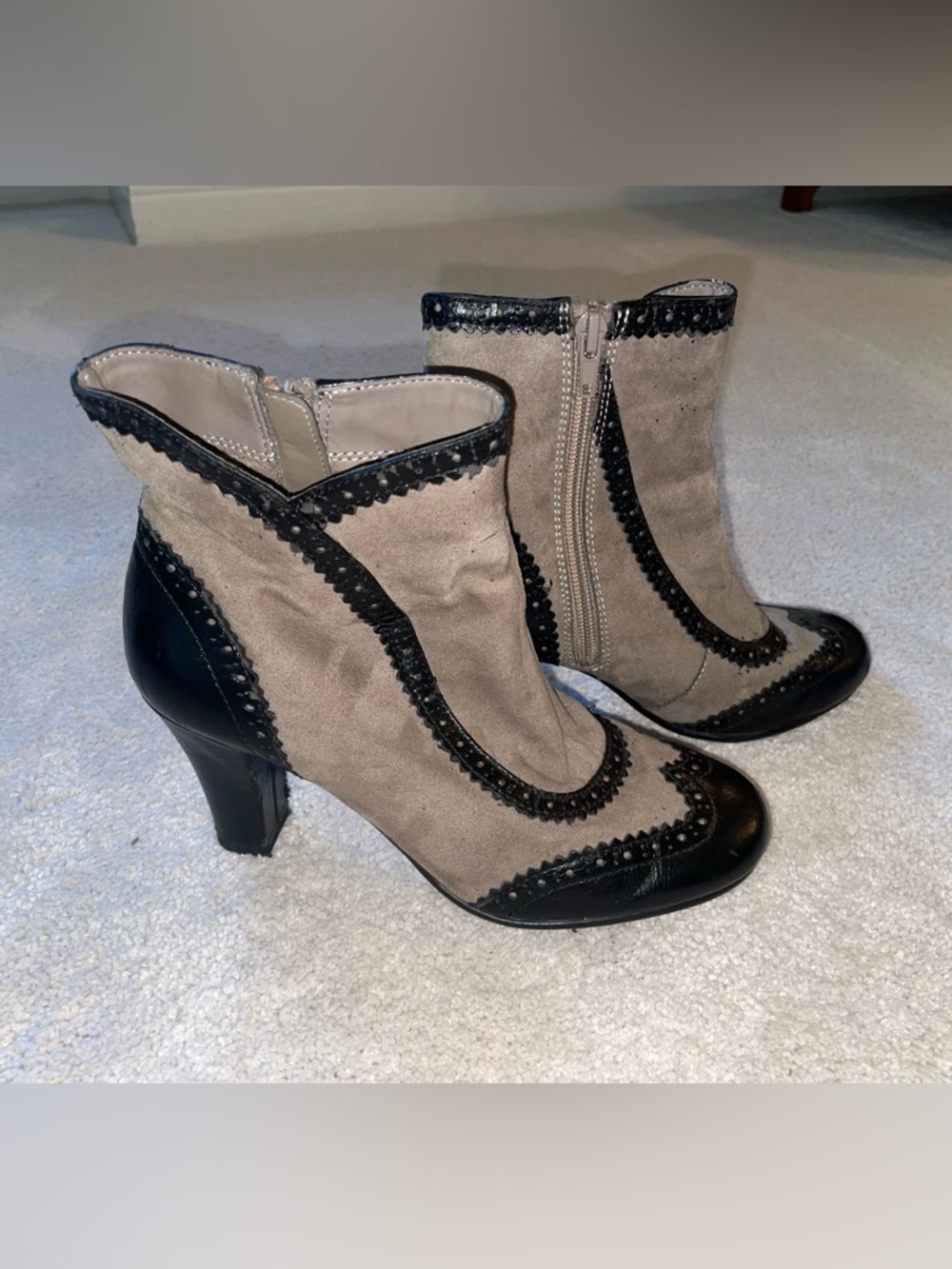 Vintage Taupe Suede and Black Trim Brogue Ankle Booties - Costume